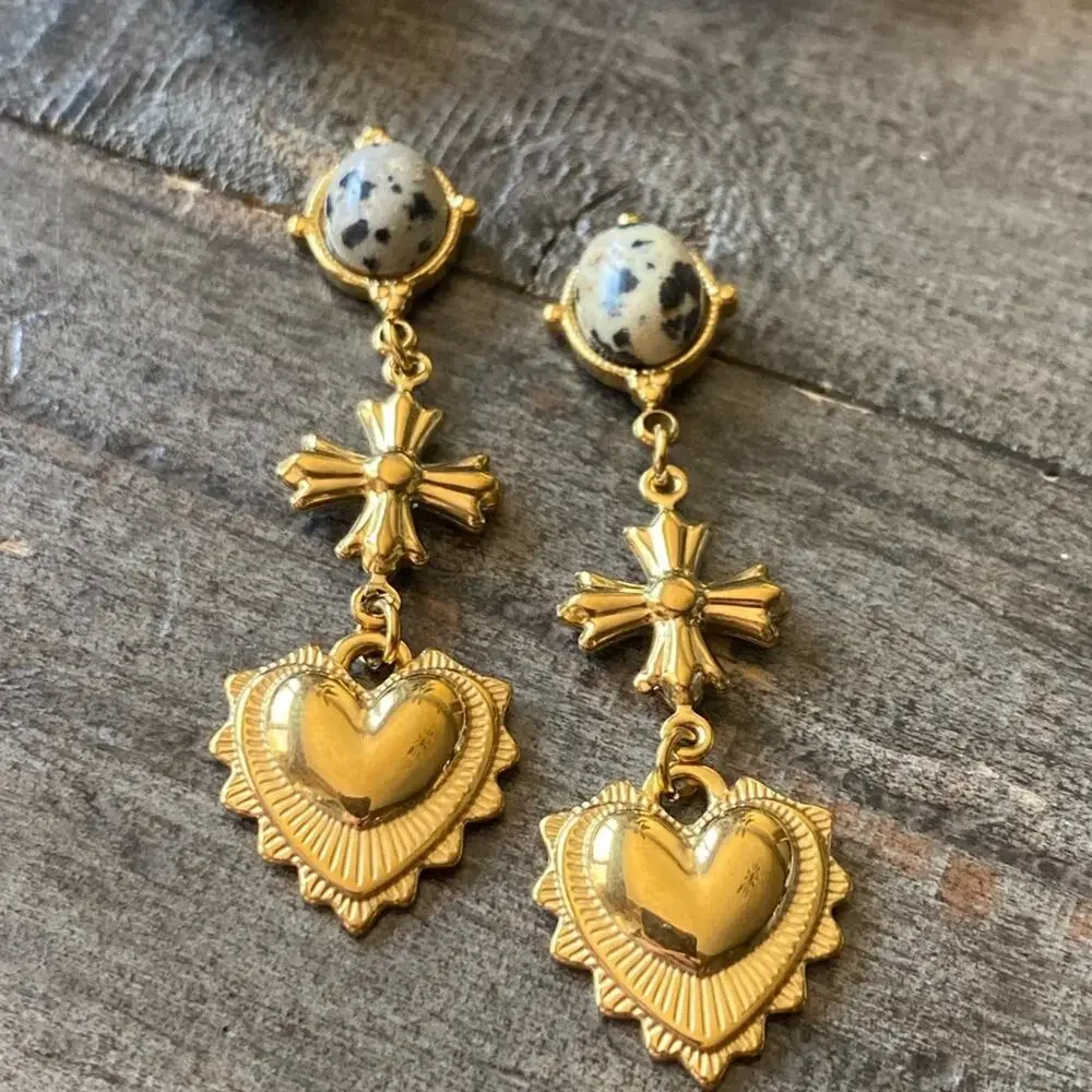 NEW Gold Cross Dalmatian Jasper Heart Dangle Earrings